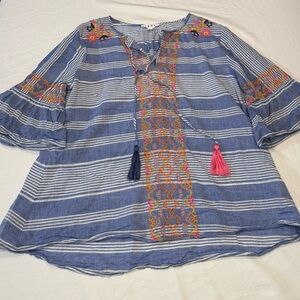 THML Blue Striped Blouse with Colorful Embroidery